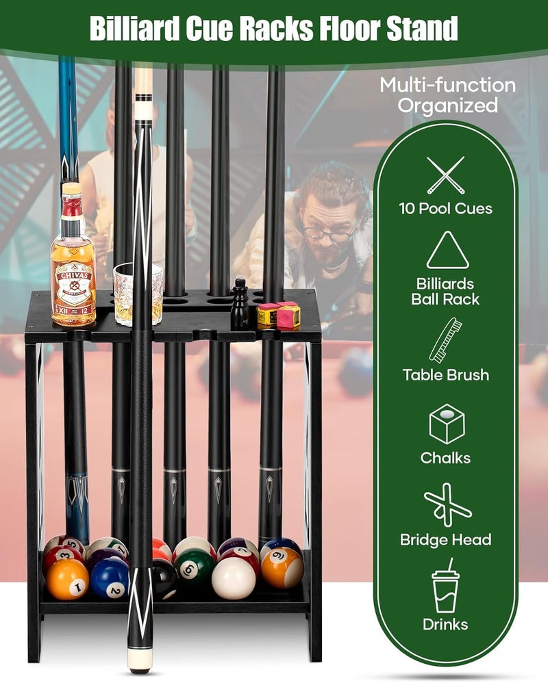 EXTCCT Pool Stick Holder Floor Stand - Hardwood Solid Wood Pool Cue Rack for 10 Cues, Billiard Cue Holder with Pool Table Accessory Organizer for Game Room or Home Bar（black） - Image 2
